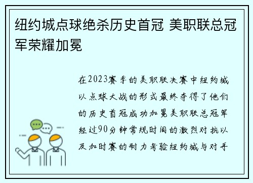 纽约城点球绝杀历史首冠 美职联总冠军荣耀加冕 纽约城点球绝杀历史首冠 美职联总冠军荣耀加冕