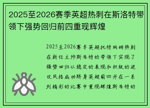 2025至2026赛季英超热刺在斯洛特带领下强势回归前四重现辉煌 2025至2026赛季英超热刺在斯洛特带领下强势回归前四重现辉煌